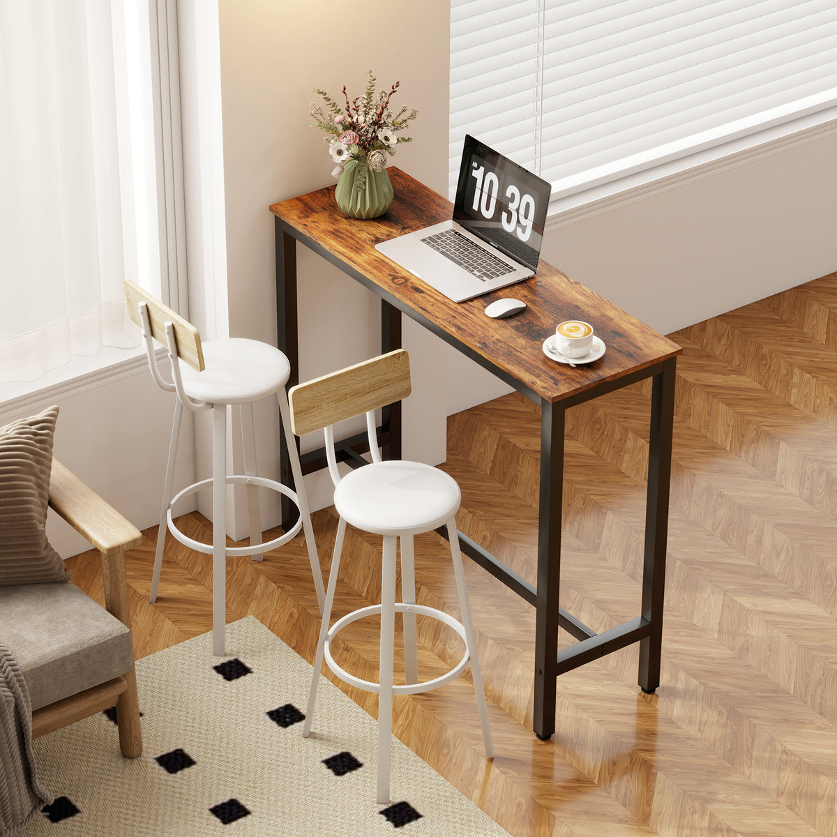 Lot de 2 tabourets de bar, chaises de bar, assise rembourrée 75,5H cm, dossier et repose-pieds, bois naturel et blanc-7