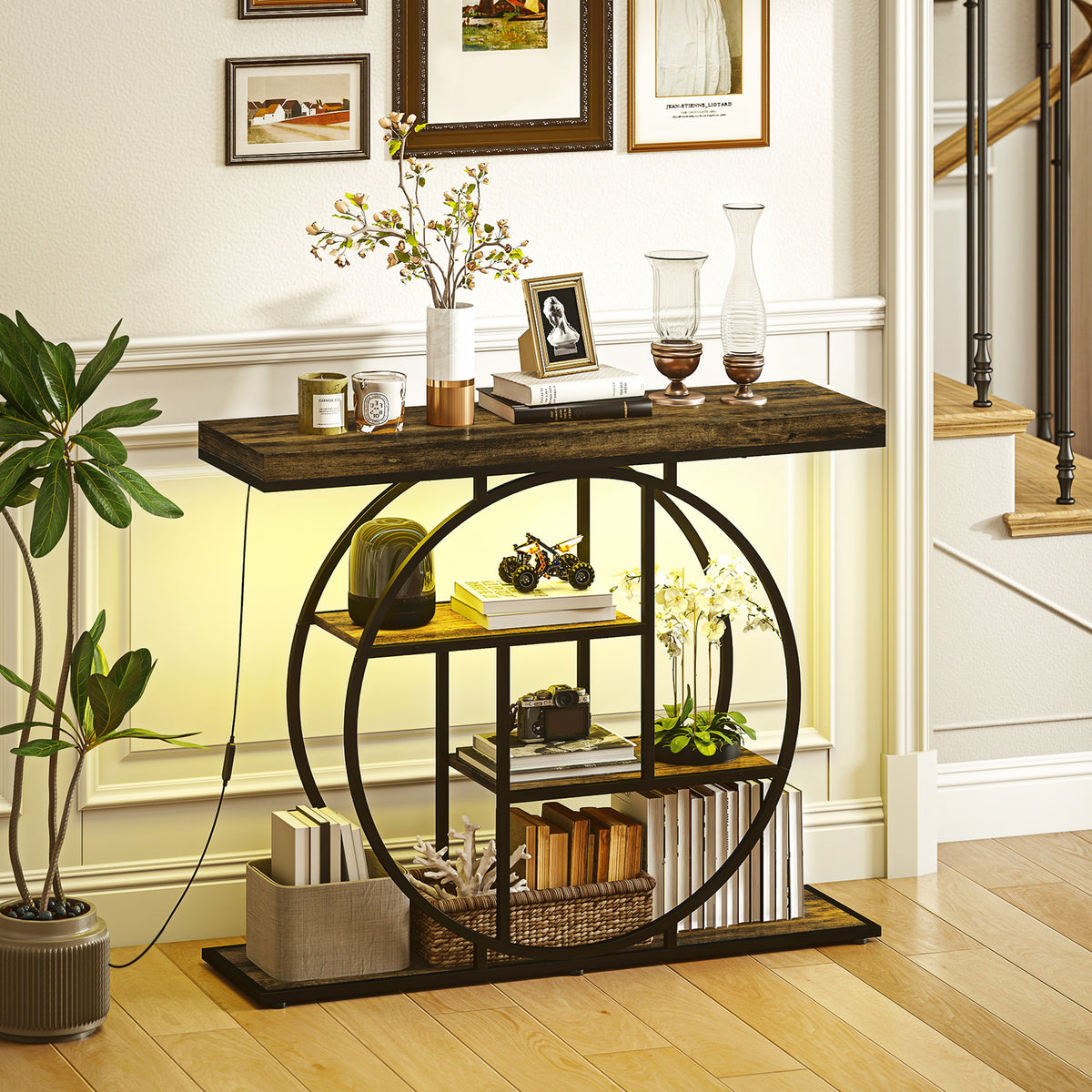 Console meuble avec éclairage LED 100 cm, table console à 4 niveaux avec étagères ouvertes, marron rustique et noir-8