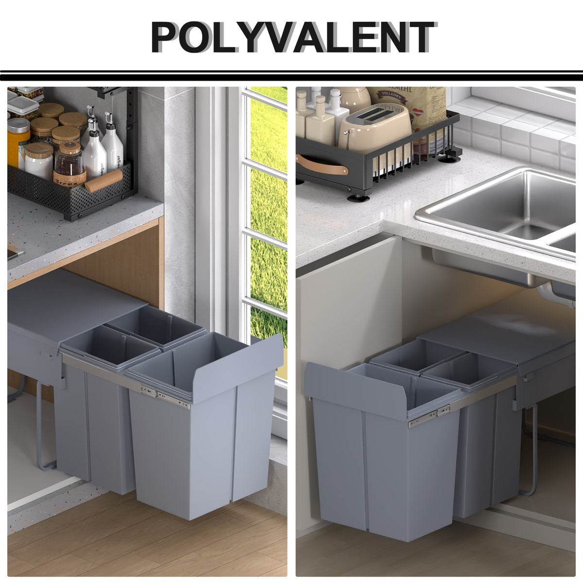 Poubelle coulissante 40L avec 3 bacs amovibles pour tri sélectif 2 x 10L et 1 x 20L - gris-6