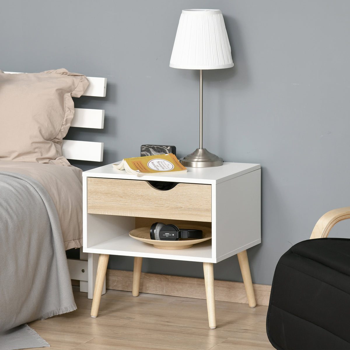 Table de chevet, table de nuit, avec tiroir, design moderne, pieds en bois massif, 50 x 39 x 51 cm, blanc et bois naturel-1