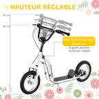 Trottinette enfants, grandes roues pneumatiques 12 pouce en caoutchouc, charge 100 kg, trottinette tout terrain avec double freins, hauteur réglable et béquille latérale, 5 à 12 ans, blanc-3
