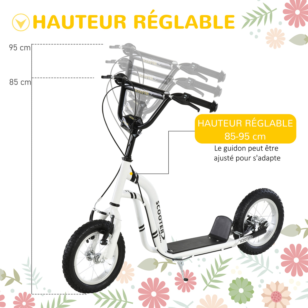 Trottinette enfants, grandes roues pneumatiques 12 pouce en caoutchouc, charge 100 kg, trottinette tout terrain avec double freins, hauteur réglable et béquille latérale, 5 à 12 ans, blanc-3