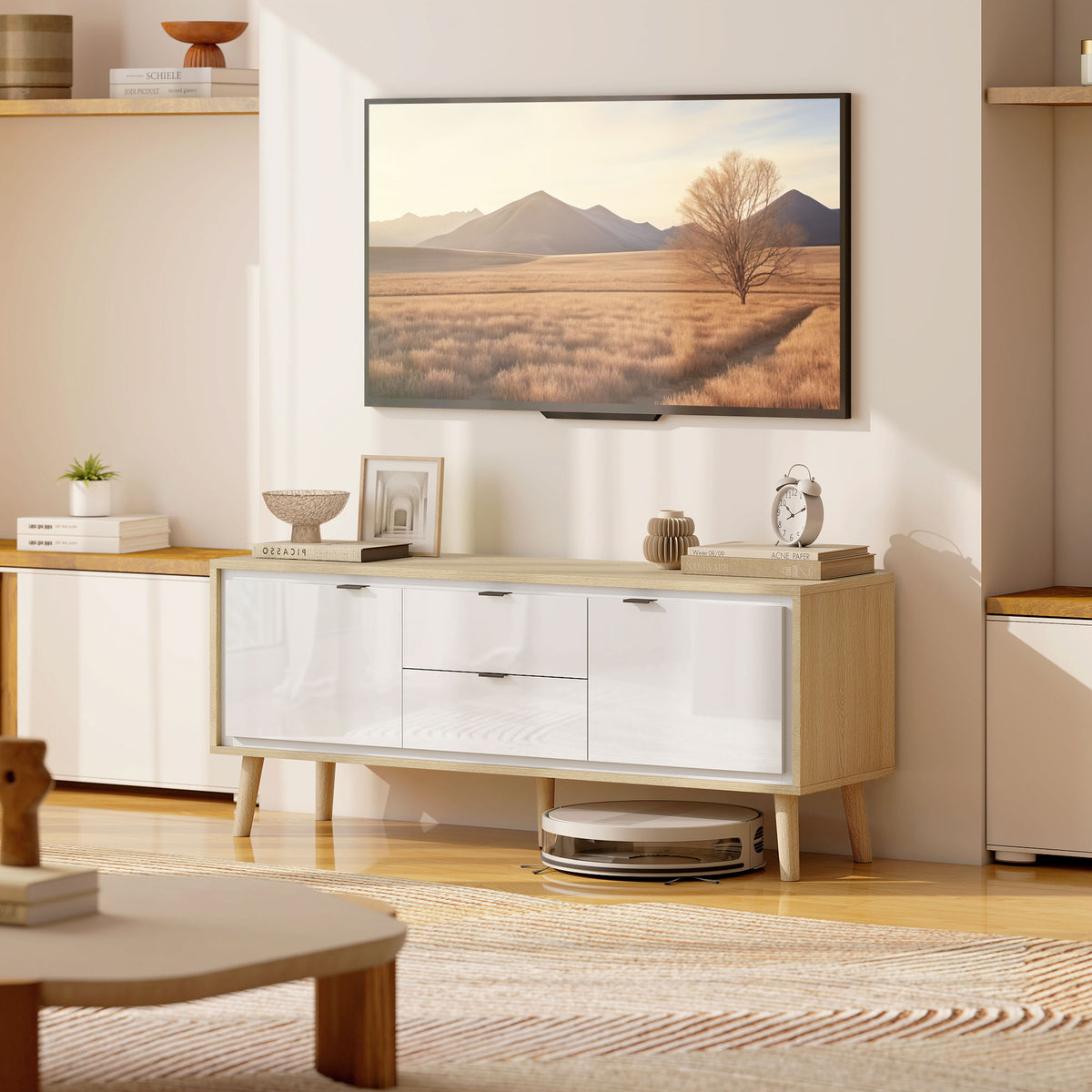 Meuble TV, meuble télé pour jusqu'à 55 pouces, 2 portes à haute brillance, 2 tiroirs silencieux, 120 x 35 x 50 cm, blanc-9