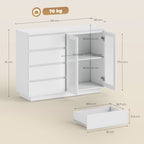Buffet salon, meuble de rangement avec 4 tiroirs et 2 portes en verre trempé, étagère réglable, 120 x 40 x 91 cm, blanc-2