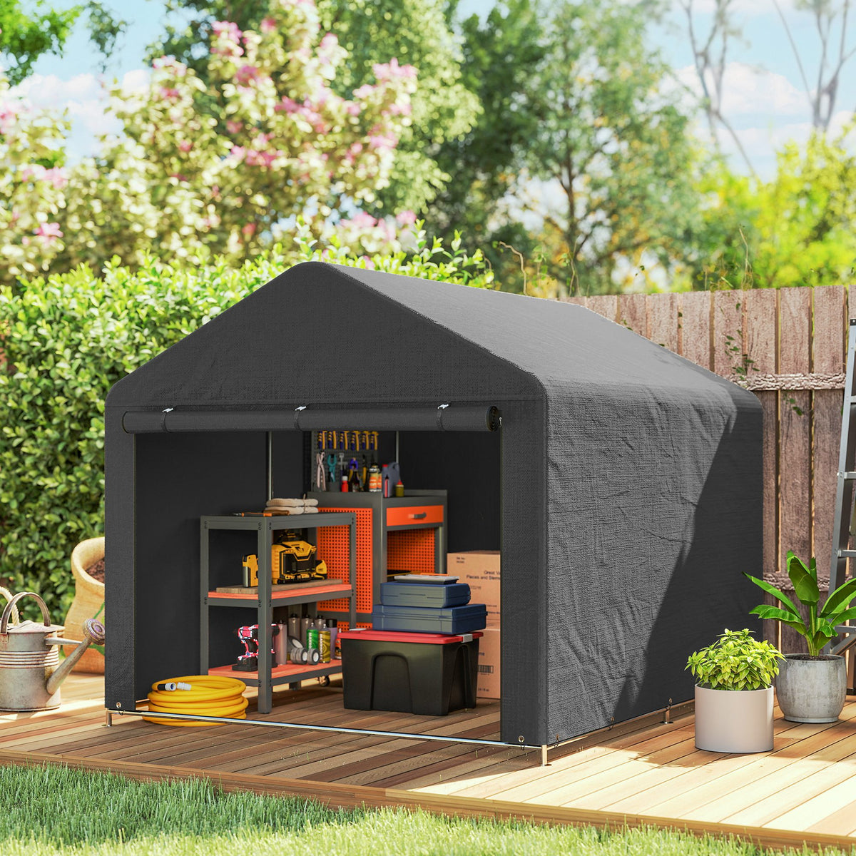Abri de jardin tente de stockage imperméable abri porte enroulable fermeture éclair, 200 x 238 x 183 cm, gris foncé-1