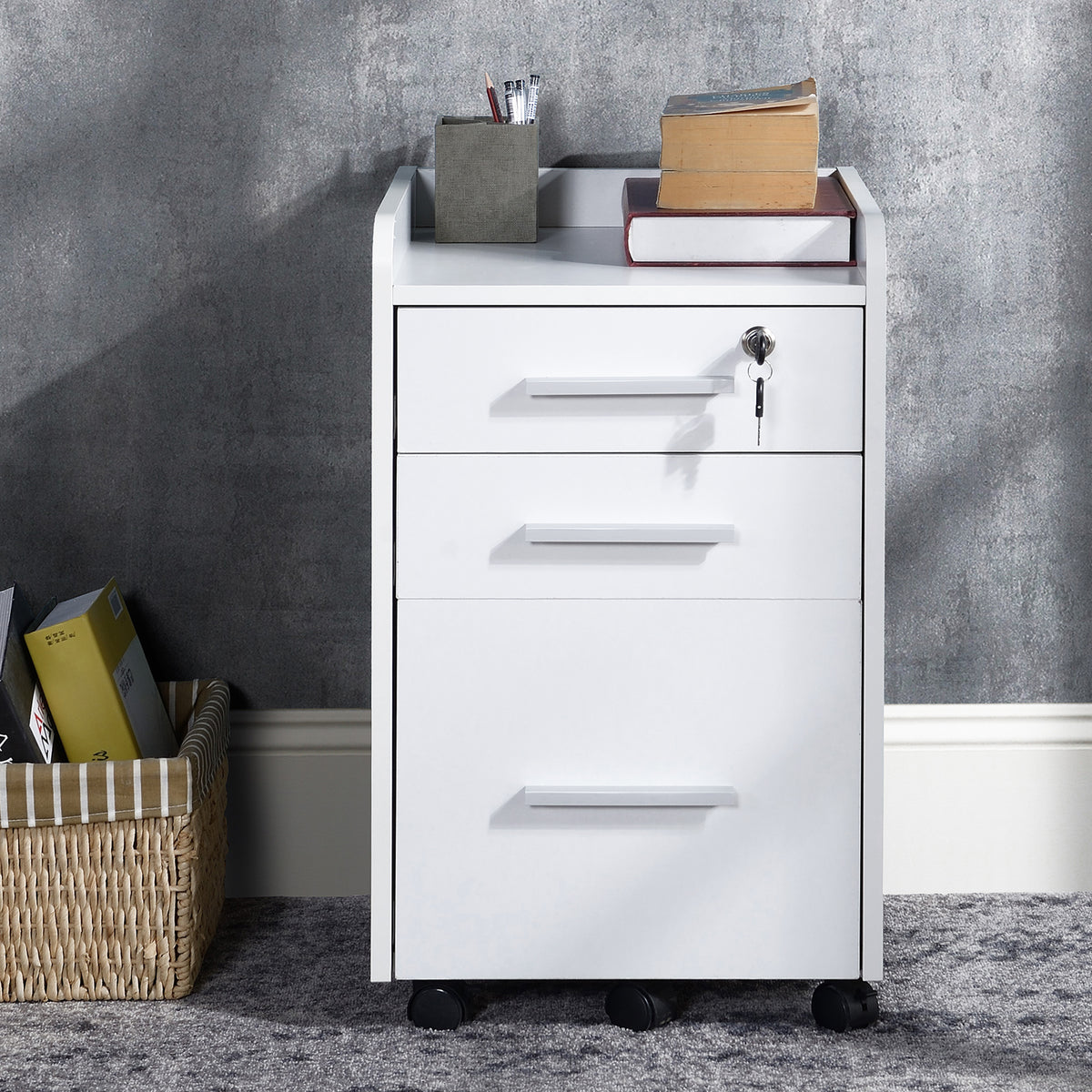 Caisson de bureau rangement bureau sur roulettes 3 tiroirs 1 verrouillable 1 trieur dossiers en bois blanc-1