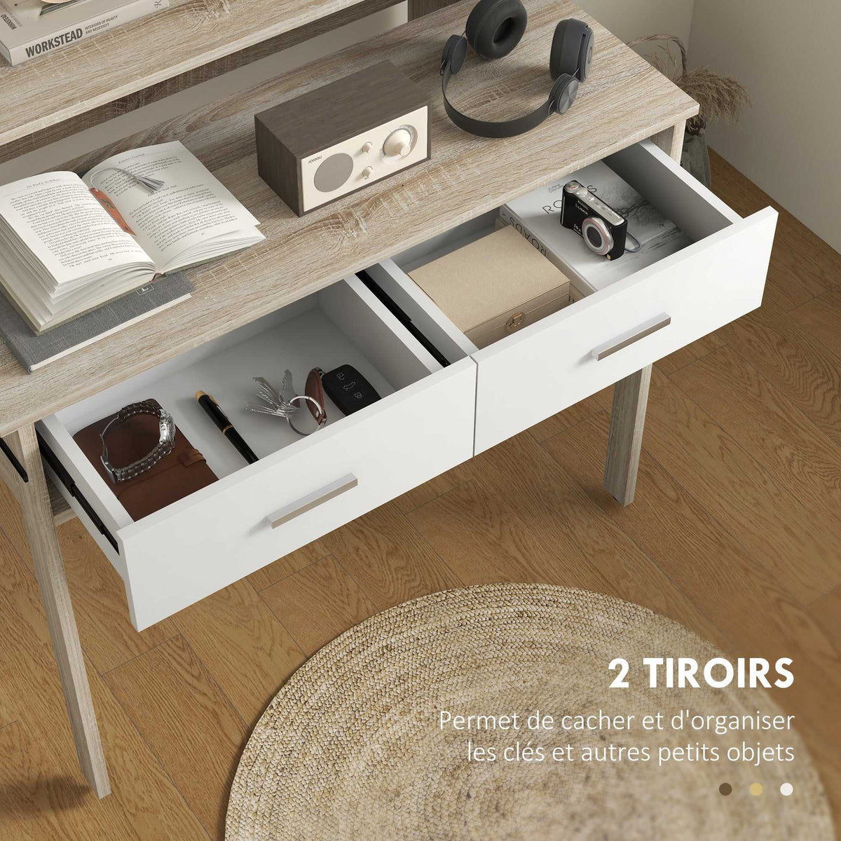 Table console avec plateau coulissant et 2 tiroirs, table de couloir avec rangement, 95l x 35P x 87H cm, aspect chêne-4