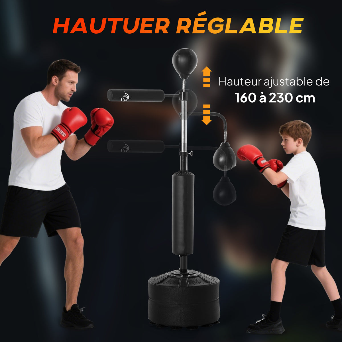Sac de frappe sur pied 4 en 1, punching ball autonome 2 balles de vitesse barre rotative 360° hauteur réglable 160-230 cm, sac de boxe pour adultes, pour Boxe Muay Thaï Taekwondo, noir-4