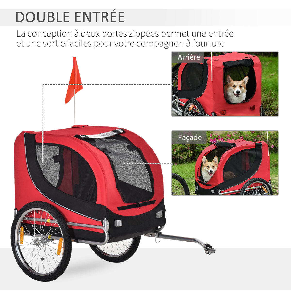 Remorque velo pour chien animaux avec 8 reflecteurs drapeau rouge noir-3