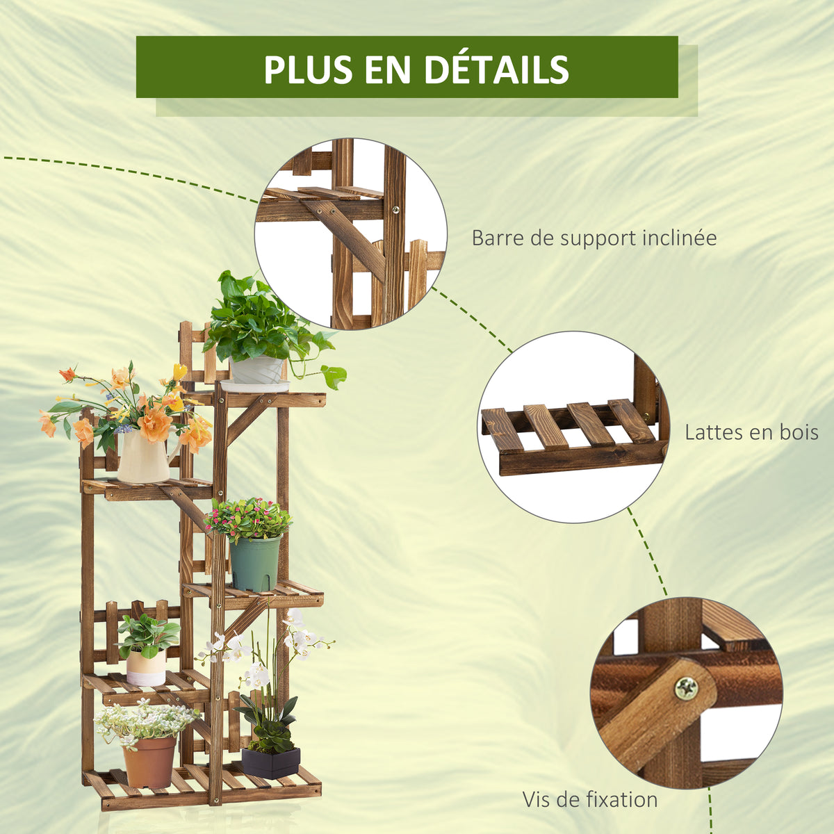 Étagère à Fleurs en Bois de Sapin Supports de Pots Porte Plante 5 tablettes Ornement Petites barrières 60 x-4