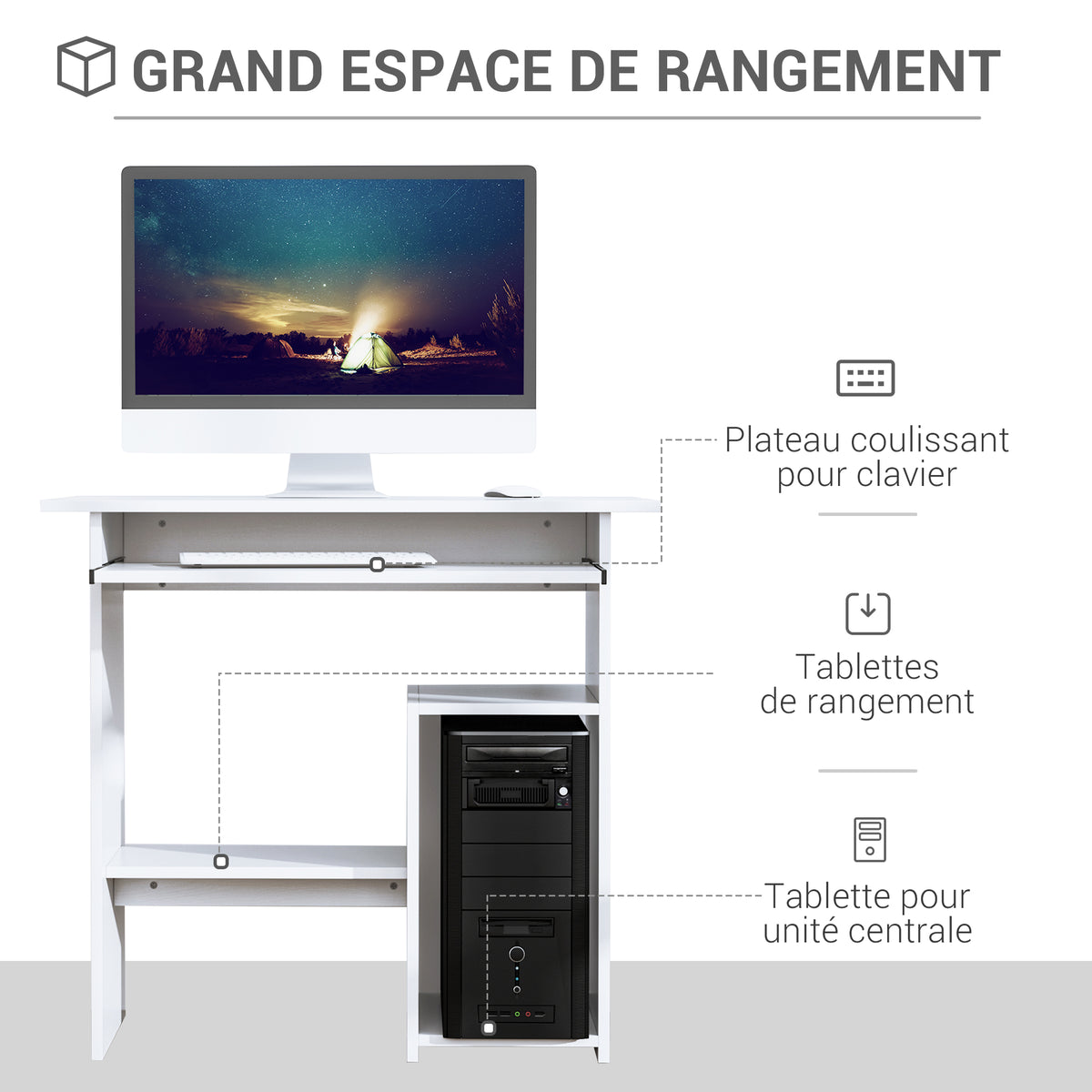 Bureau d'ordinateur, bureau avec rangement, plateau pour clavier et support de moniteur, 80 x 45 x 75 cm, blanc-3