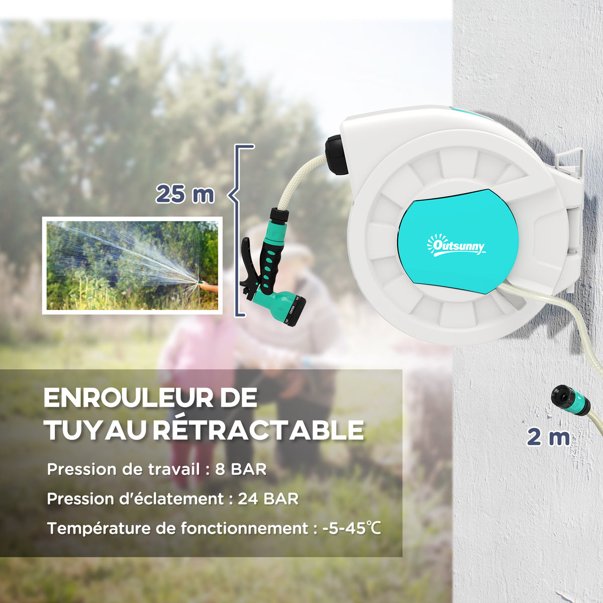 Enrouleur tuyau arrosage dévidoir de tuyaux d'eau 25+2 m support mural + poignée pivotant à 180° 55 x 20 x 42 cm gris clair-3