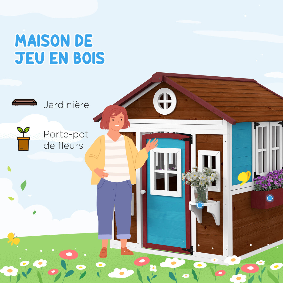 Cabane enfant extérieur maison enfant extérieure avec porte fenêtres et jardinières 114 x 126,4 x 135 cm Marron-3