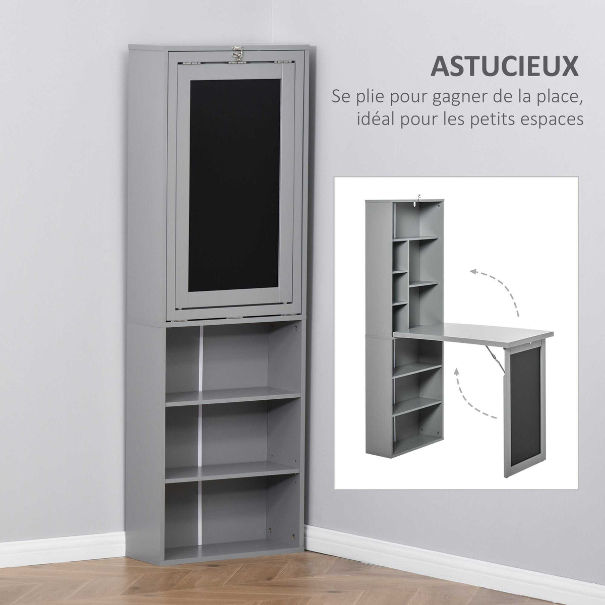 Bureau avec rangement pliable murale rabattable avec bibliothèque poste de travail tableau à craie et étagère réglable-5