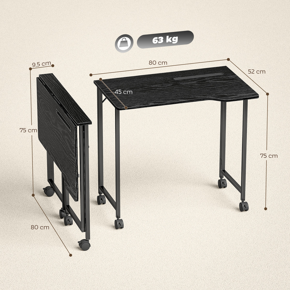 Bureau Pliable 80 x 52 cm, Bureau Ordinateur sur Roulettes avec Fente d'Appareil, Montage Facile, Noir-2