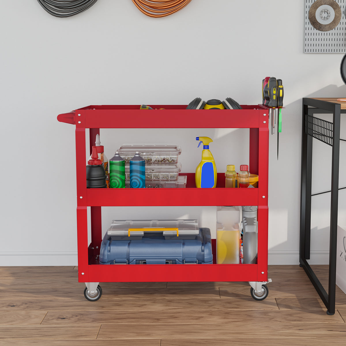 Chariot desserte d'atelier acier 3 plateaux sur roulettes avec poignée charge max. 150 kg 83 x 35,3 x 76 cm acier rouge-6