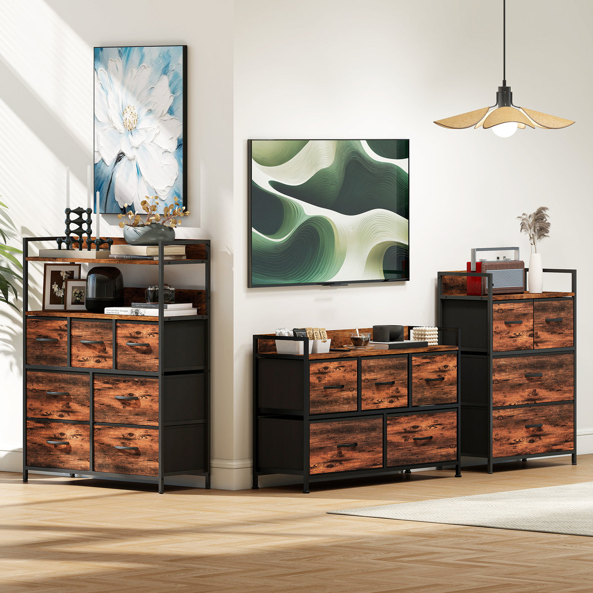 Commode, meuble de rangement avec 5 tiroirs en tissu pliables, plateau et cadre en acier, 98 x 29 x 63 cm, brun rustique-7