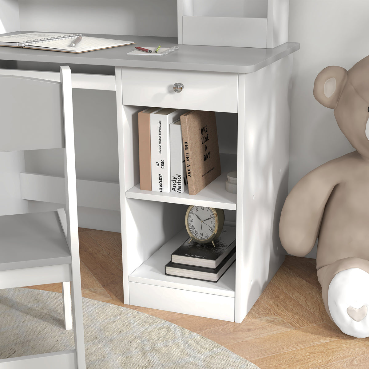 Bureau enfant avec chaise ergonomique avec clavier coulissant tiroir niches et étagères ouvertes 90 x 45 x 90 cm gris-7