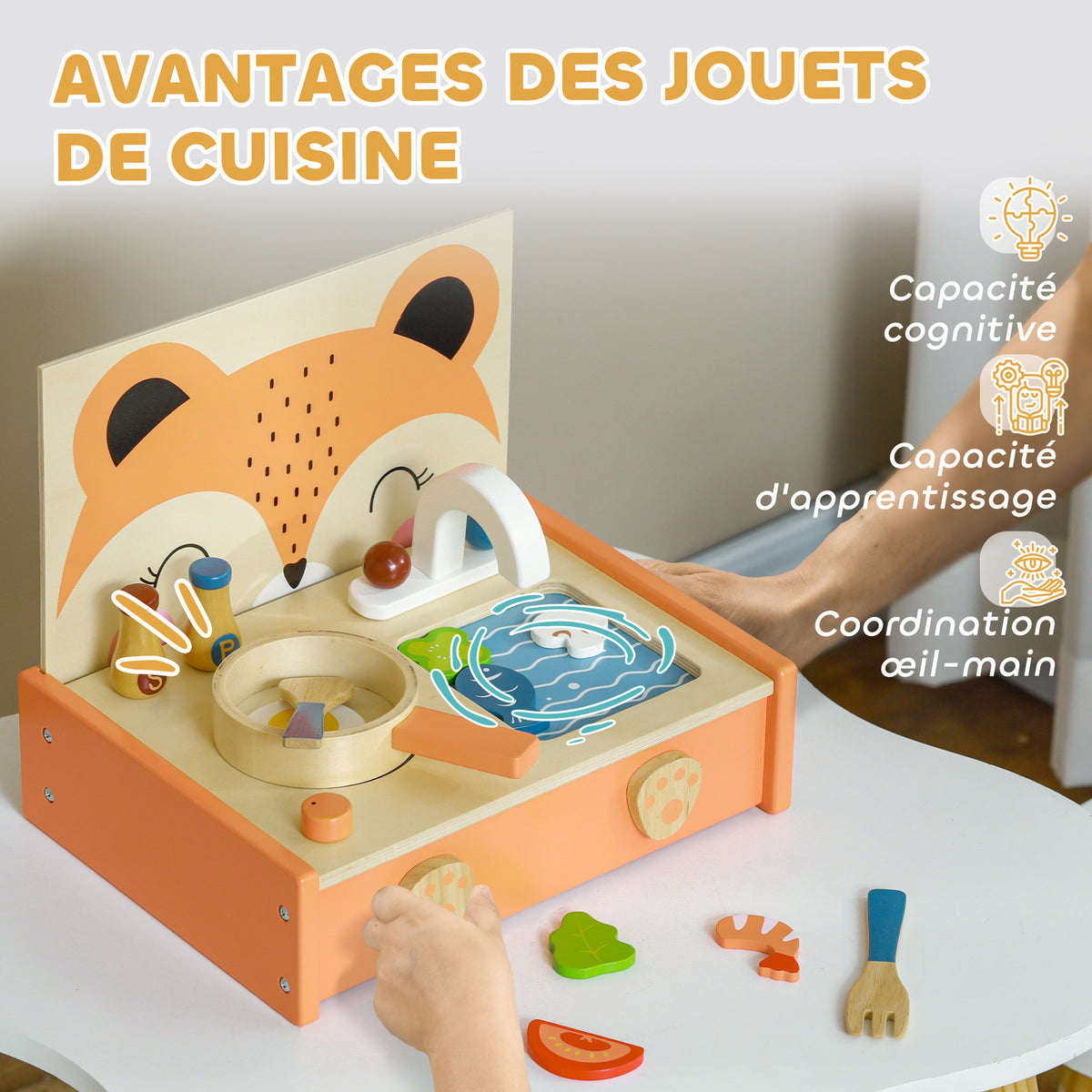 Mini-cuisine en bois jouet enfant avec 12 accessoires poêle spatule condiments fruits légumes - pour 3-5 ans --5