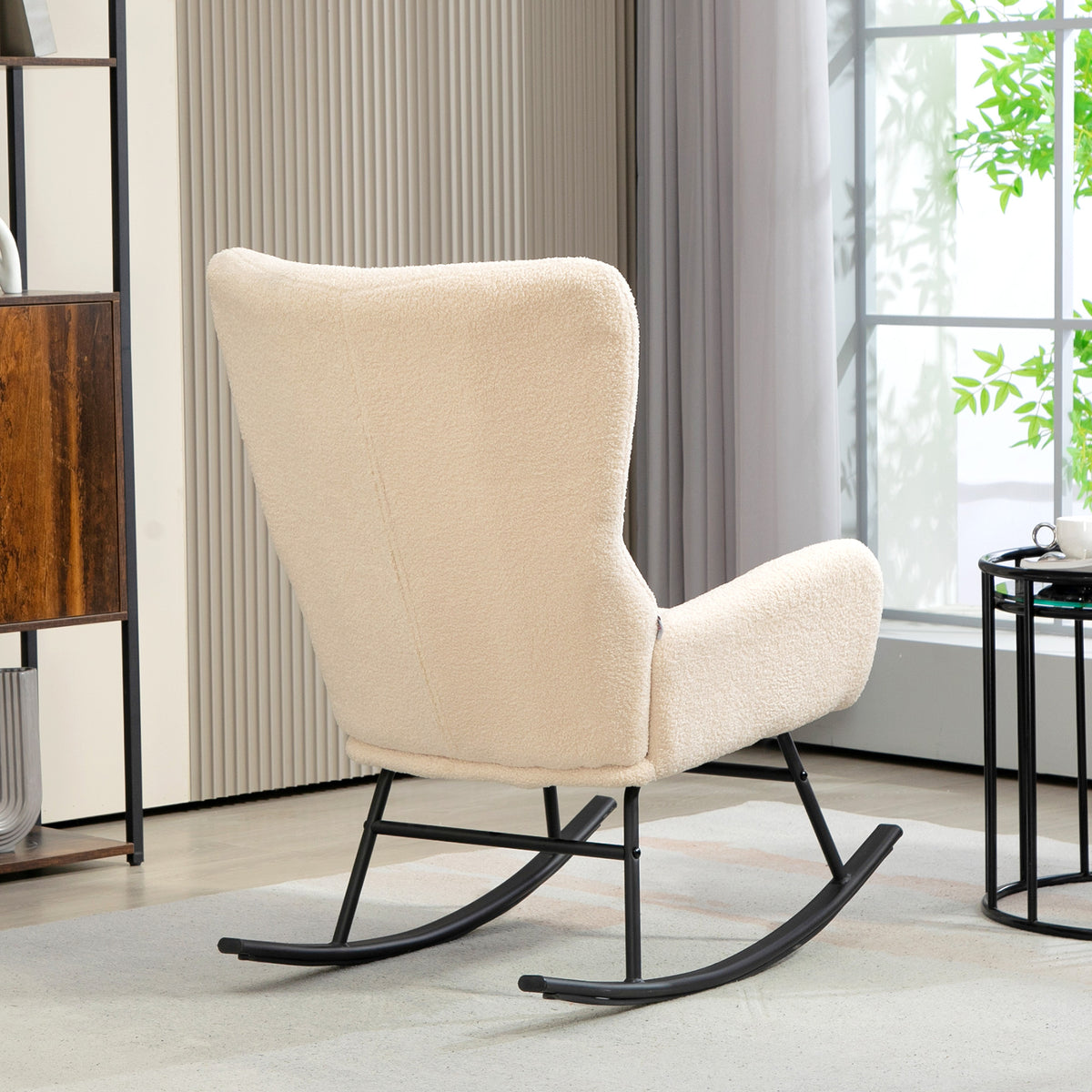 Fauteuil à bascule, chaise à bascule, avec assise de 10 cm d'épaisseur, pieds incurvés en acier, beige et noir-6