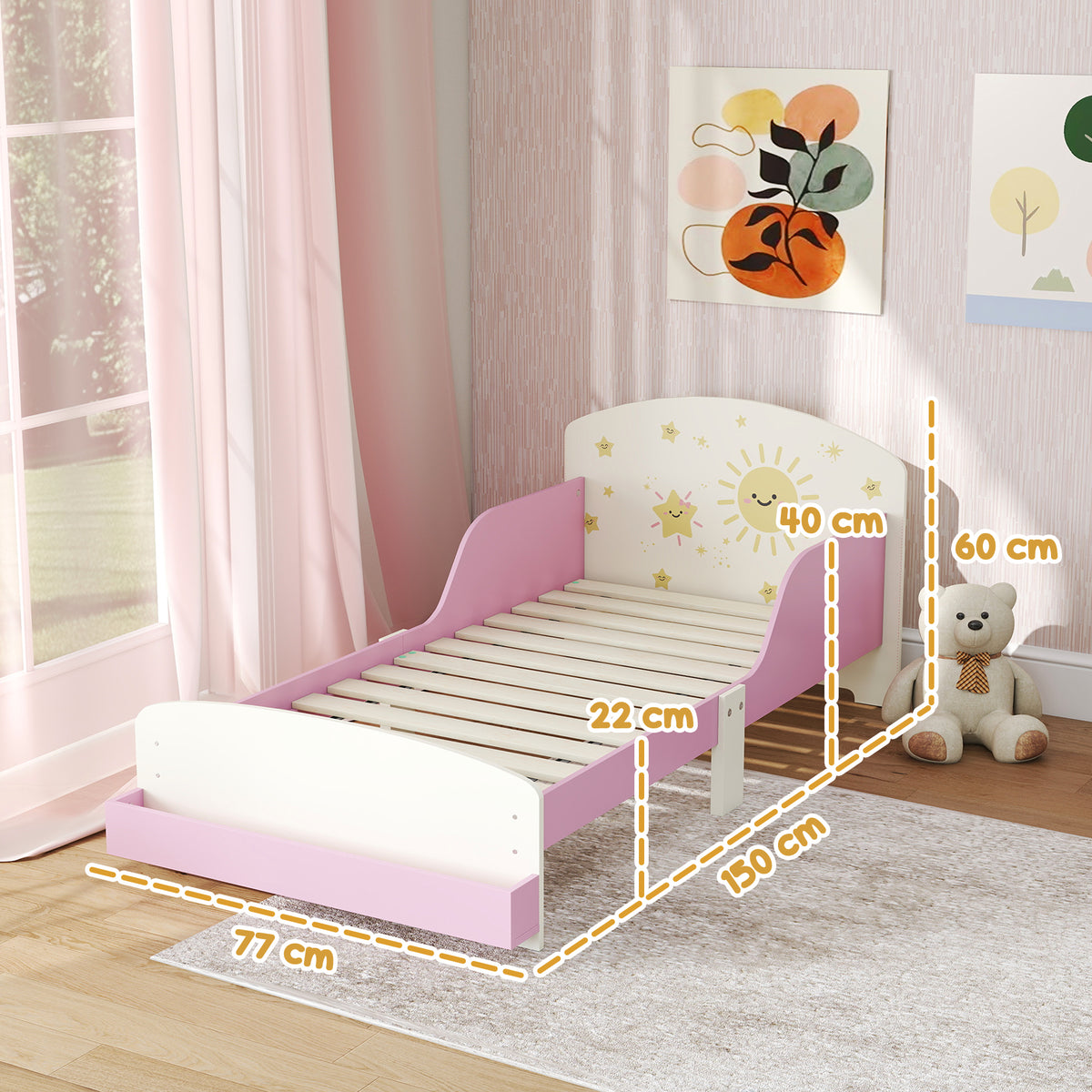Lit enfant 70 x 140 cm, lit pour enfant avec barriere de securite et sommier à lattes, espace de rangement, rose-2