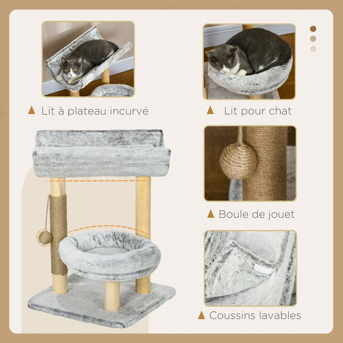 Abre à chat avec griffoir 1 niche supérieure avec coussin lavable 1 niche ronde peluche hauteur 60 cm gris-4