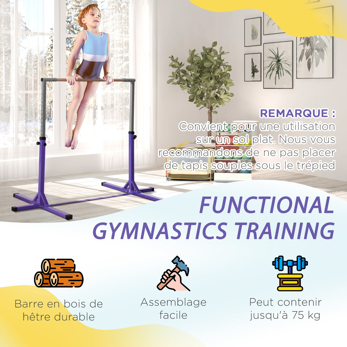 Barre Fixe de Gymnastique pour Enfant, Hauteur Réglable sur 13 Niveaux de 92-150 cm, en Acier et Bois de Hêtre, Barre de Gym d'Entraînement à Domicile, Antidérapant, Facile à Assembler, Violet-4
