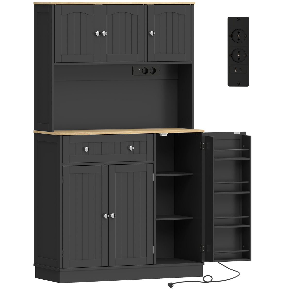 Buffet haut cuisine, armoire de cuisine, station de charge, 6 portes, plan de travail, porte-épices, 100x40x173cm, noir-0