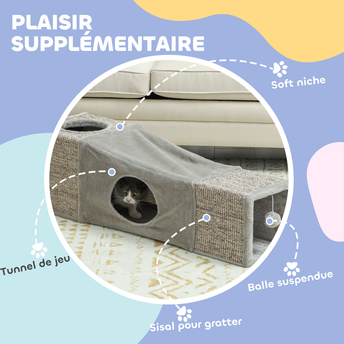 Tunnel pour chat intérieur jouets pour chats avec balle suspendue entrées multiples en sisal 98 x 30 x 30 cm gris-4
