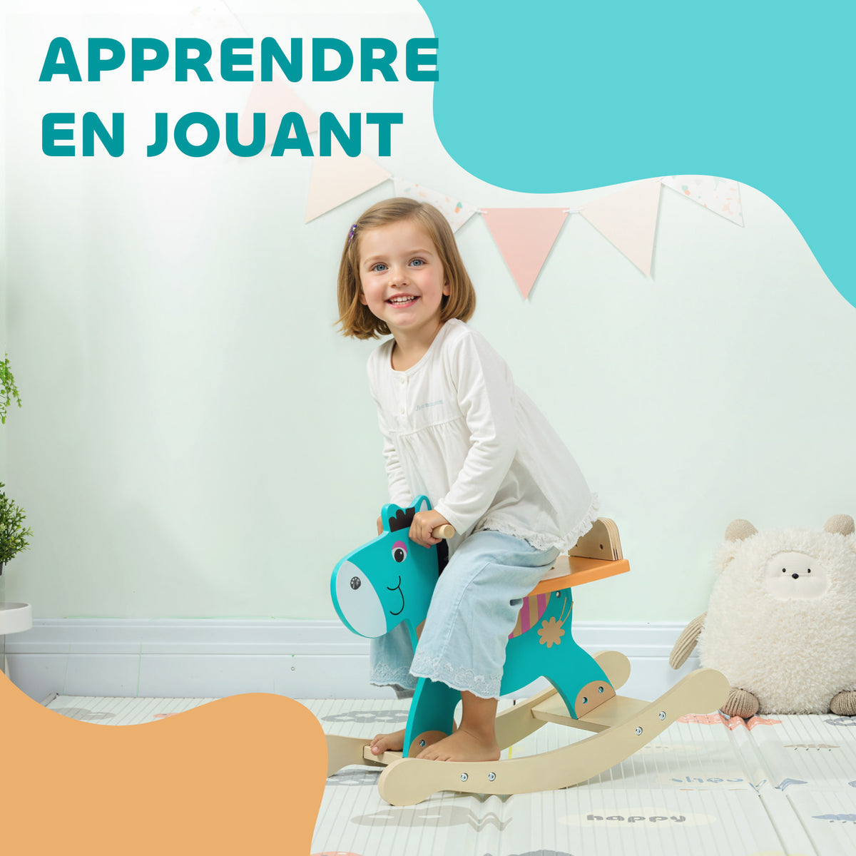 Cheval à bascule pour enfants, âne jouet à bascule bébé en bois avec guidon et base stable, 59 x 27 x 43 cm, vert foncé-6