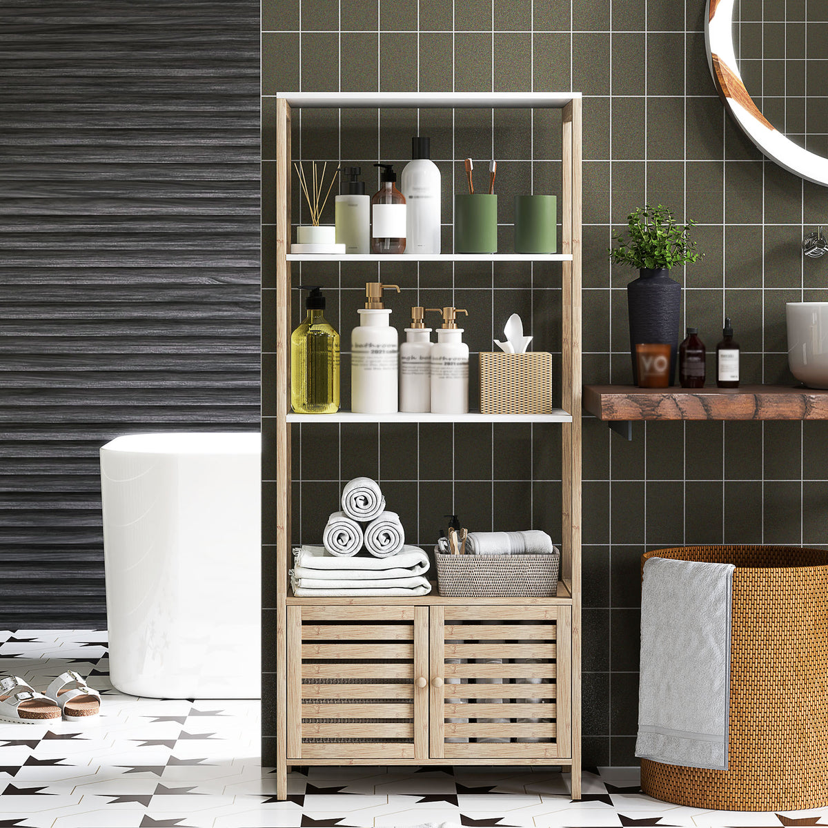 Colonne de salle de bain armoire de rangement en bambou 3 étagères 1 placard 63 x 30 x 138 cm bois naturel et blanc-6