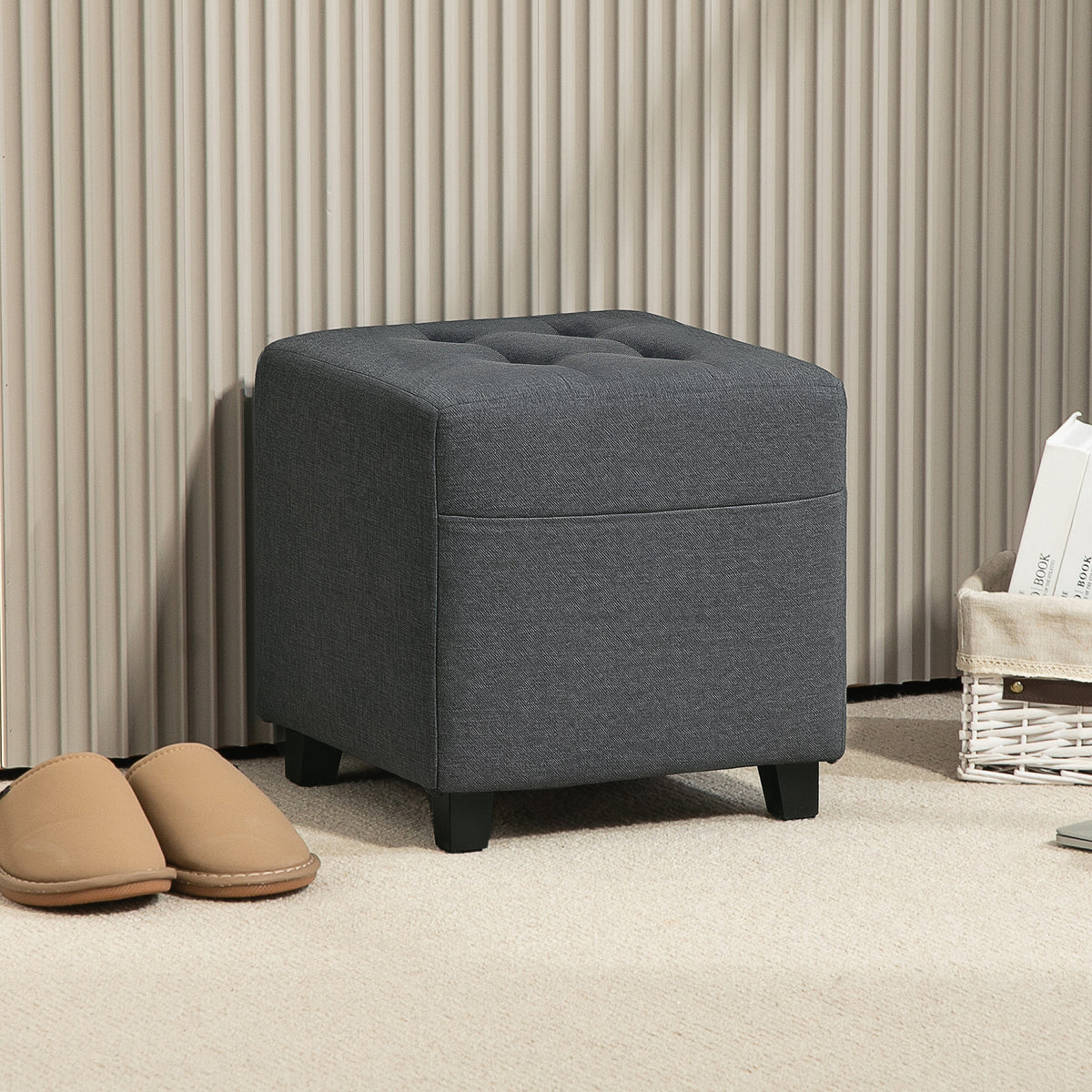 Repose pied salon, ottoman, siège rembourré capitonné en tissu aspect lin avec poche latérale, 35 x 35 x 35 cm, gris-9