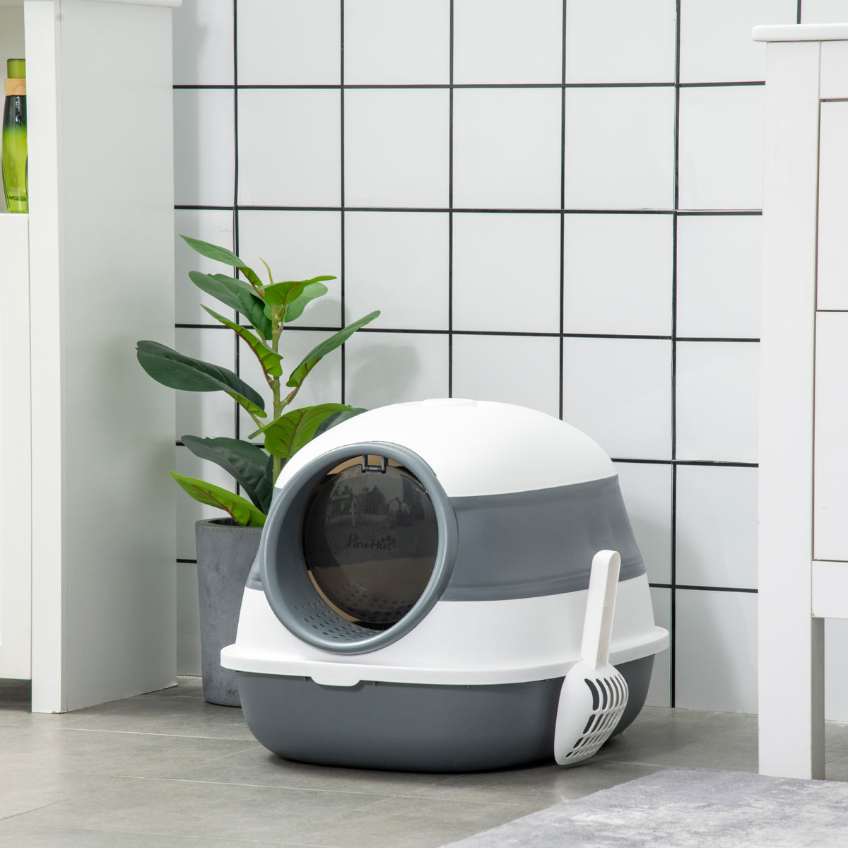 Maison de toilette pour chat pliable porte battante lucarne + pelle fournis 52 x 41 x 38 cm gris blanc-9