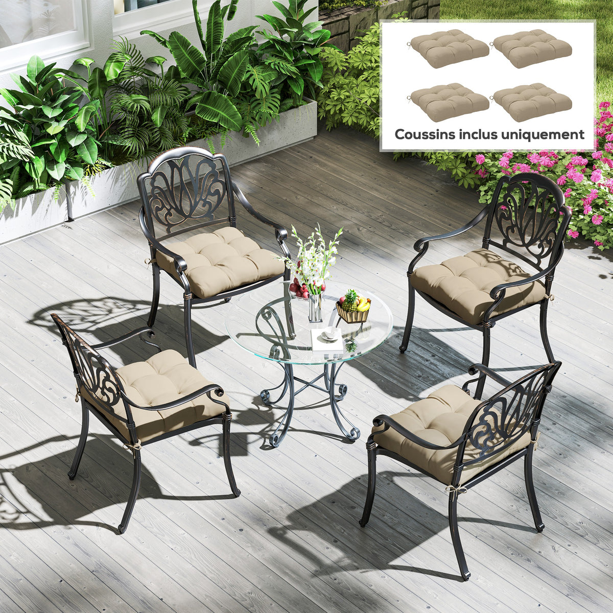 Lot de 4 coussins de chaise de jardin, coussins extérieurs capitonné, rembourrage 10 cm avec attaches, 48 x 48 cm kaki-1