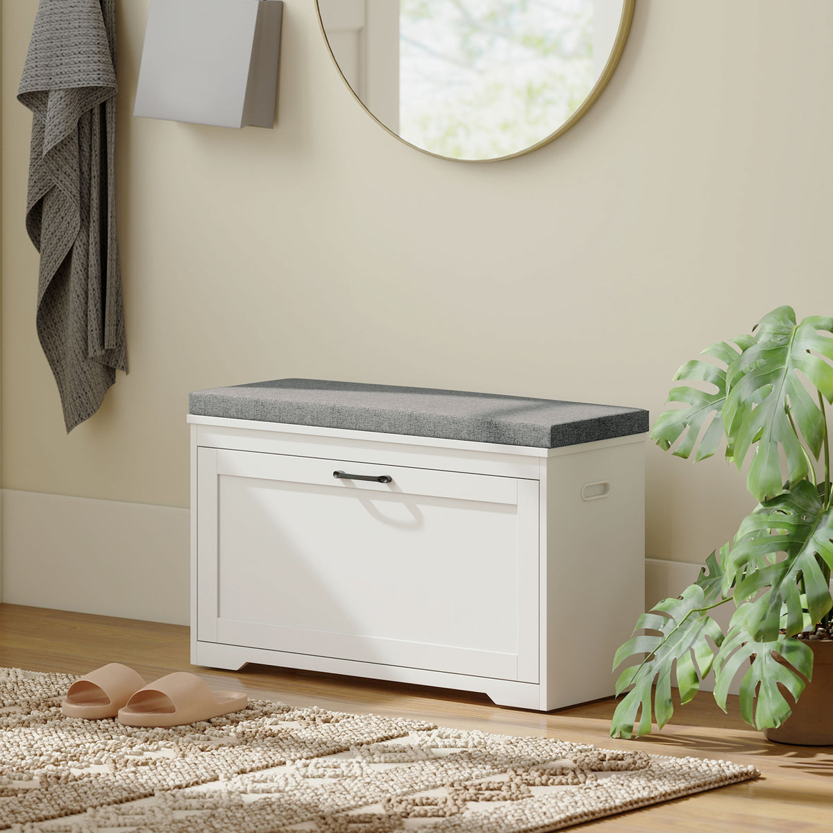 Banc à chaussures, banc d'entrée moderne avec siège rembourré, tiroir basculant et étagère ajustable, 80x30x50cm, blanc-1