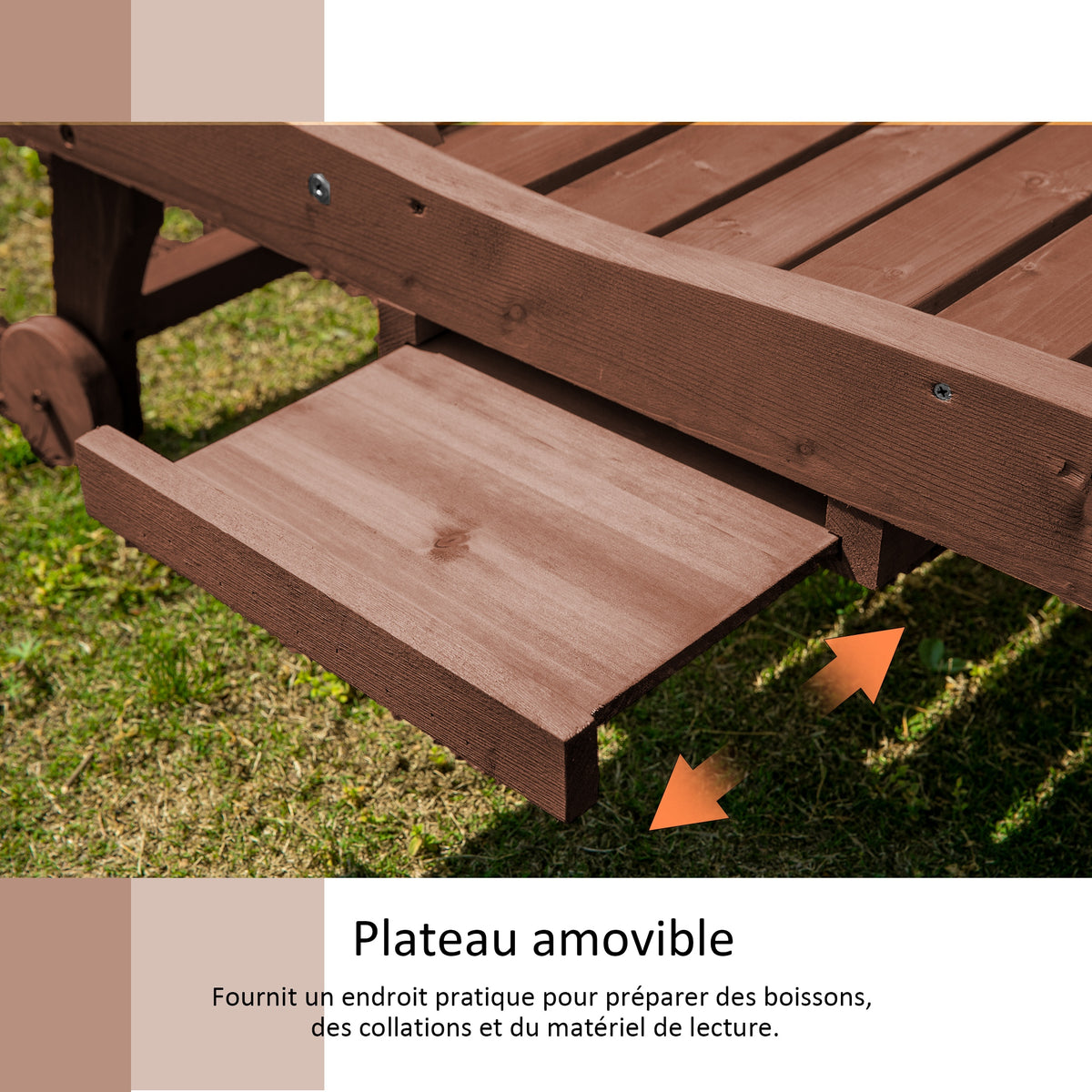 Bain de Soleil transat Style Colonial Dossier réglable 3 Positions roulettes Tablette Support Bois Sapin-3
