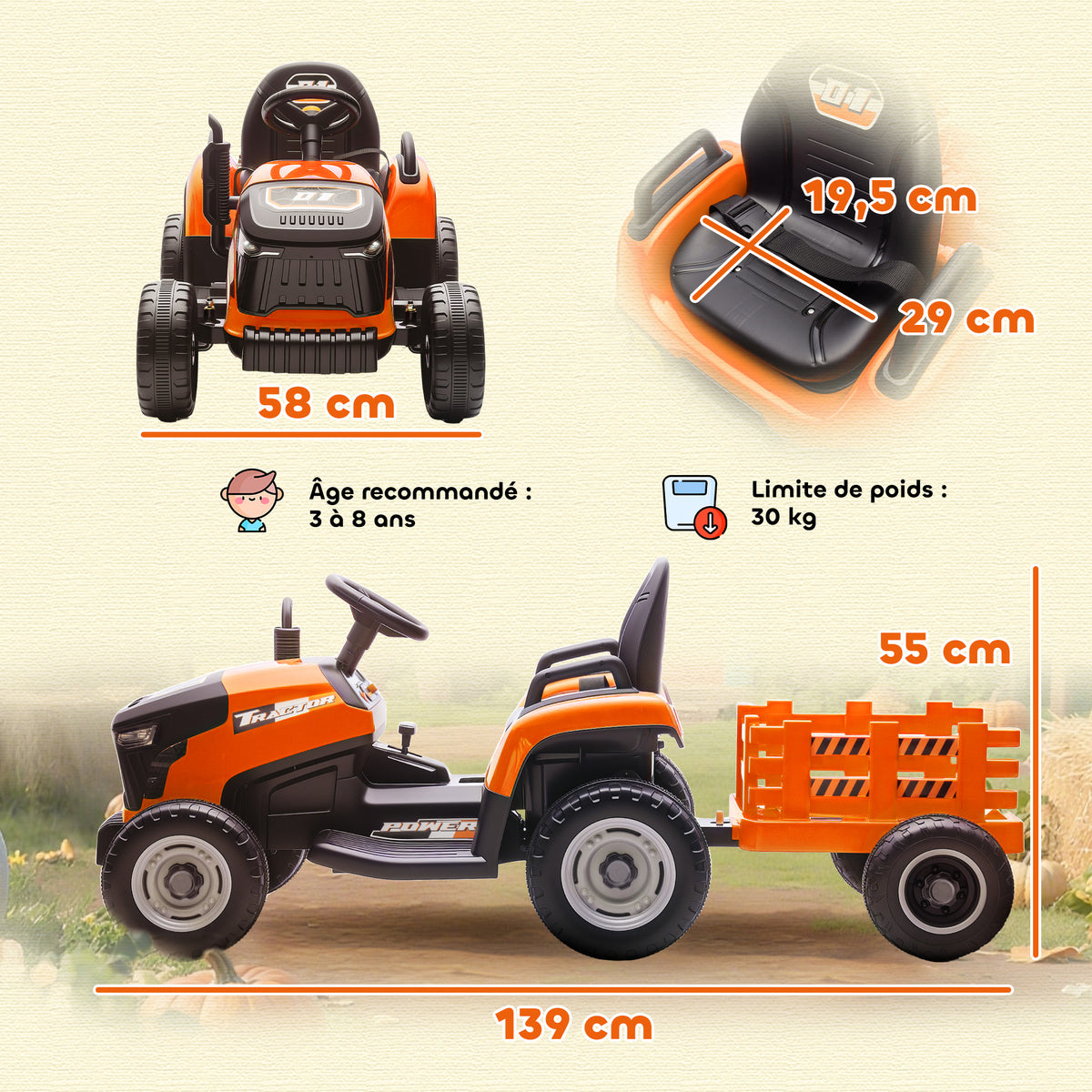 Tracteur électrique enfants avec remorque amovible, voiture électrique enfants, télécommande 2,4G, 139x58x55cm, orange-2