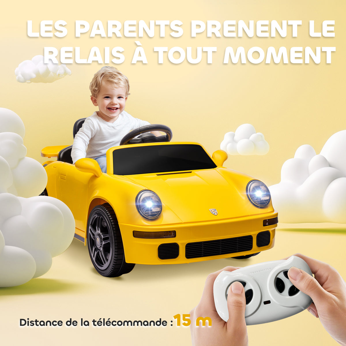 Voiture électrique enfants, véhicule électrique 12V, télécommande 2,4G, phares, musique, klaxon, 103 x 55 x 44 cm, jaune-6