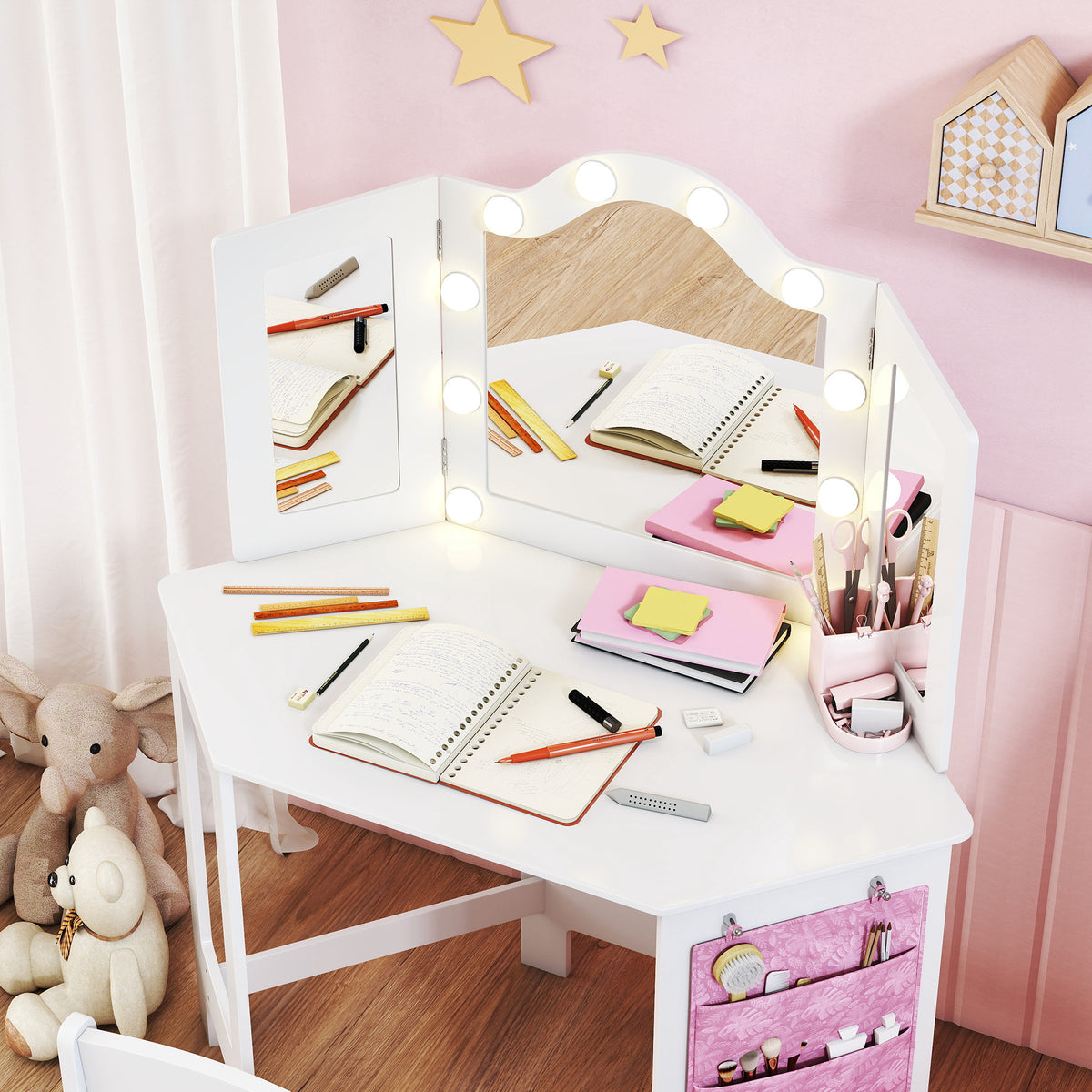 Coiffeuse enfant 2 en 1 avec tabouret miroir triptyque et lumières LED bicolores 93,6 x 48,5 x 111,5 cm blanc-8