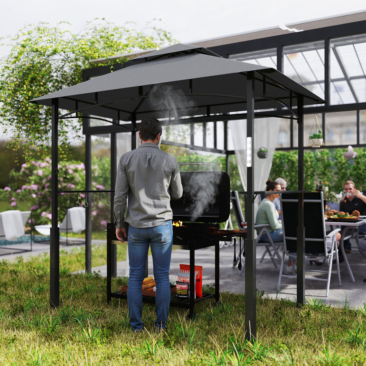 Tonnelle de barbecue à deux niveaux auvent de réception pour jardin avec lumière LED 243 x 148 x 248 cm gris foncé-8