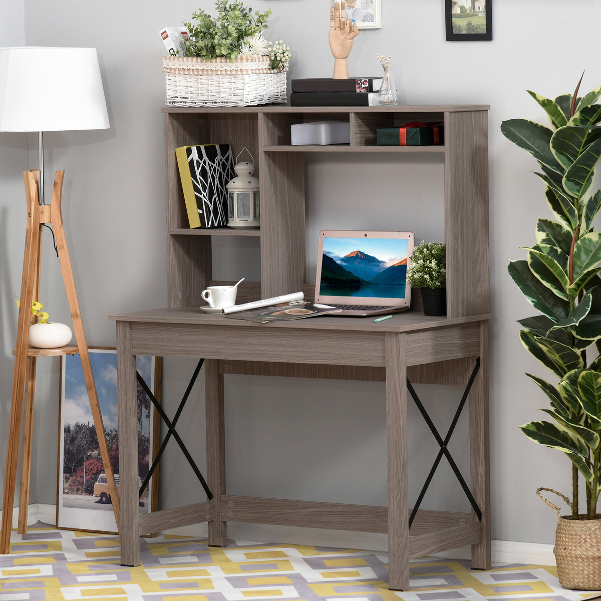 Bureau avec rangement bibliothèque en bois moderne avec étagères et grand plateau pour petits espaces maison-1