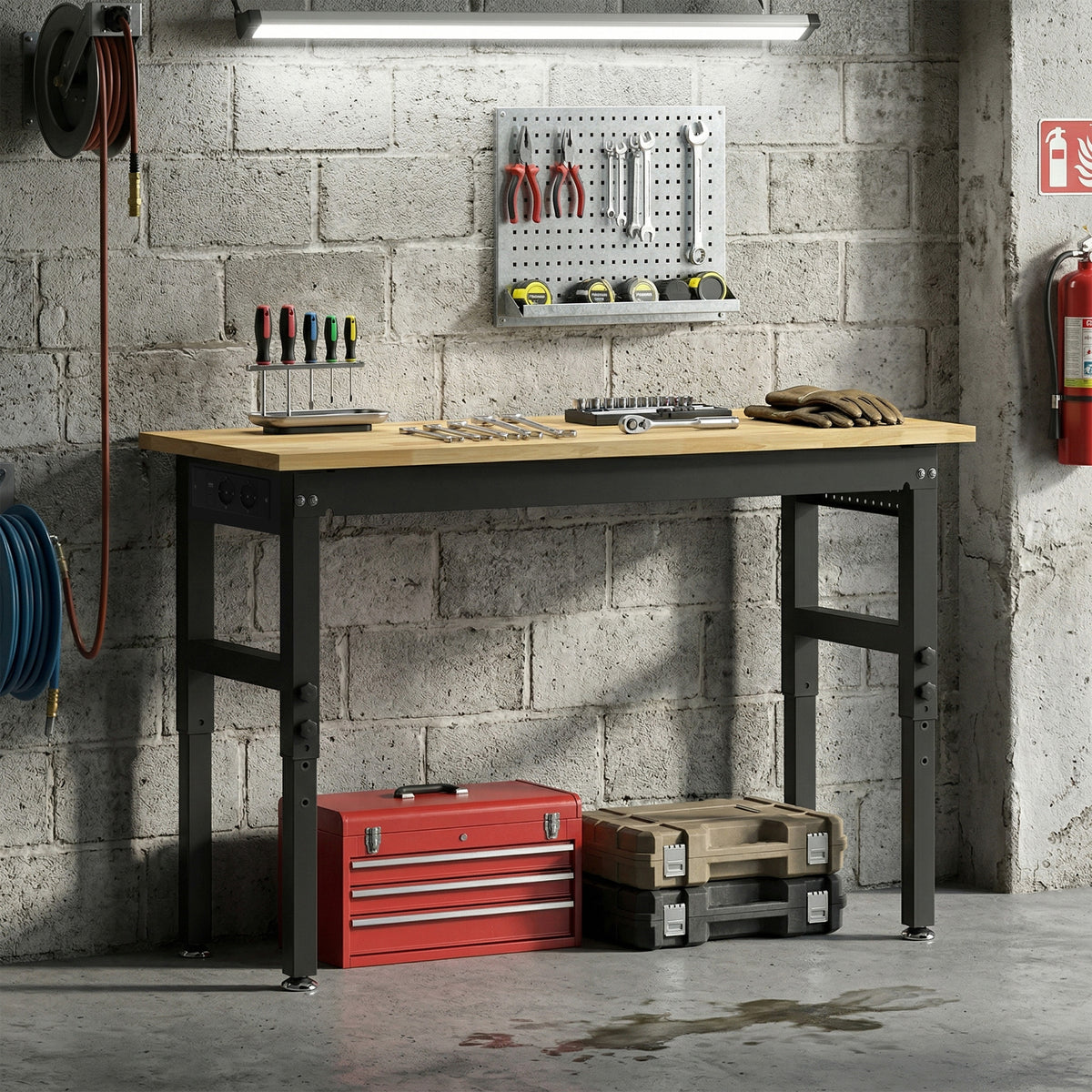 Établi d'Atelier Réglable, 121,9x50,8x79-99cm, Charge 900 kg, 2 Prises et 2 Ports USB, Panneau Perforé, Noir-8