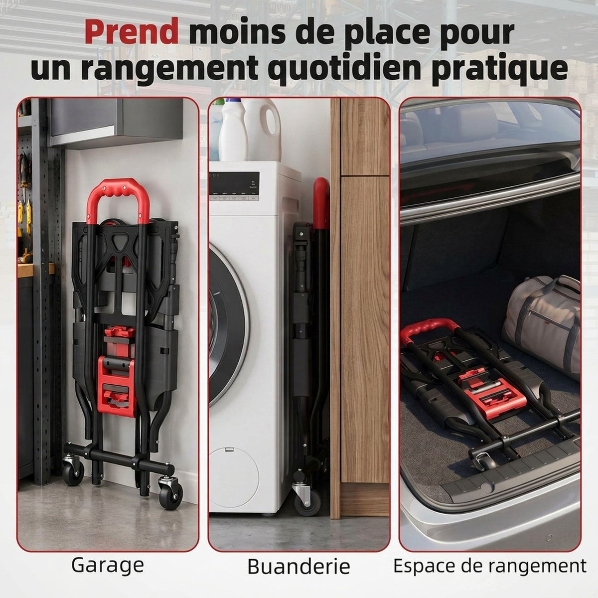 Diable et Chariot de Transport à Roulettes Pliable 2-en-1, Charge Max 120 kg, Base Rabattable, Acier, 83x44x78cm, Rouge-5