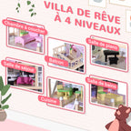 Maison de poupée en Bois Jeu d'imitation 4 Étages pour 3+ ans avec 13 Accessoires Grand réalisme Multi-équipement 60L x 30l x 80H cm Blanc et Rose-3