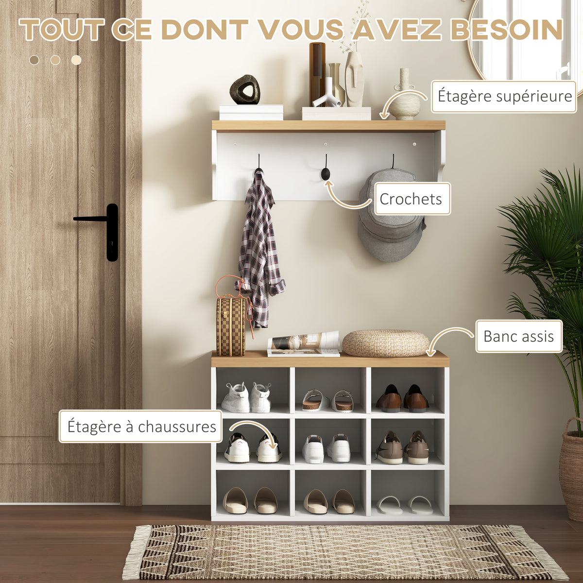 Ensemble meuble d'entrée 2-en-1 porte-manteau mural banc à chaussures 3 crochets et 9 niches 75x30x50cm blanc et chêne-3