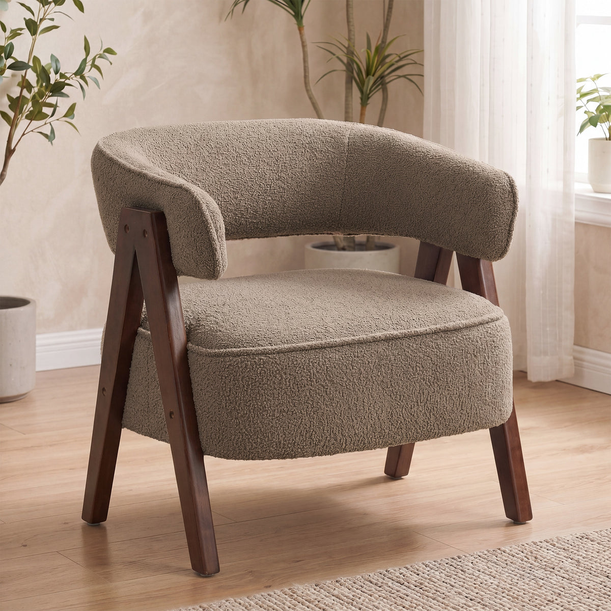 Fauteuil de salon en tissu bouclette, chaise rembourrée, assise large, dossier ergonomique, 70 x 64 x 71 cm, marron-9