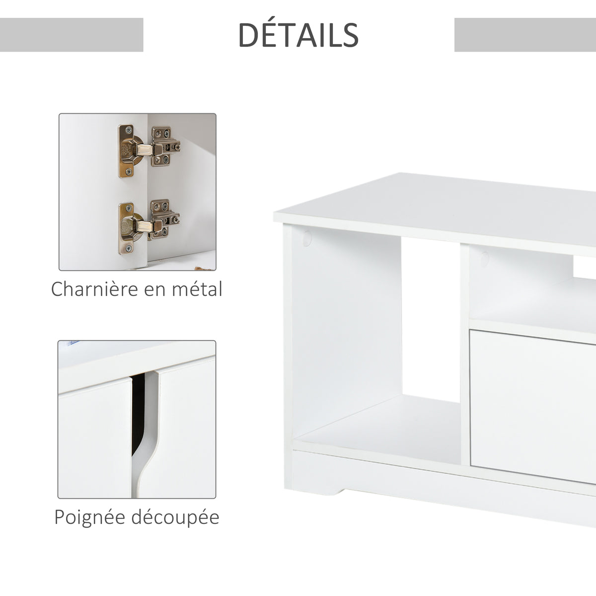 Meuble TV Banc TV Design Contemporain - 3 niches, Placard Double Porte - dim. 120L x 30l x 41H cm - Panneaux Particules Blanc-4