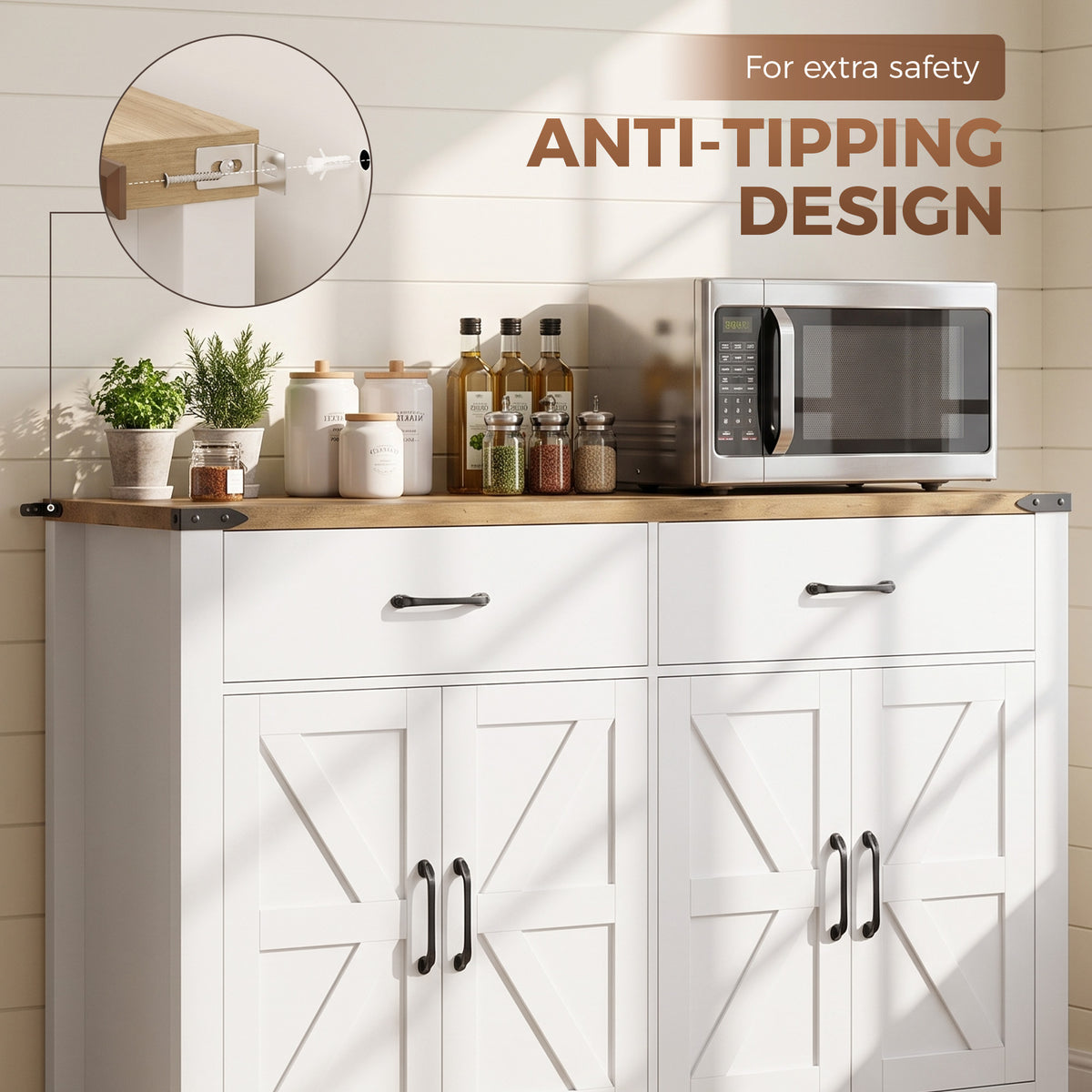 Buffet meuble de rangement style rural 2 tiroirs et 2 placards avec étagères réglables, 120 x 39,3 x 82,5 cm, blanc-3