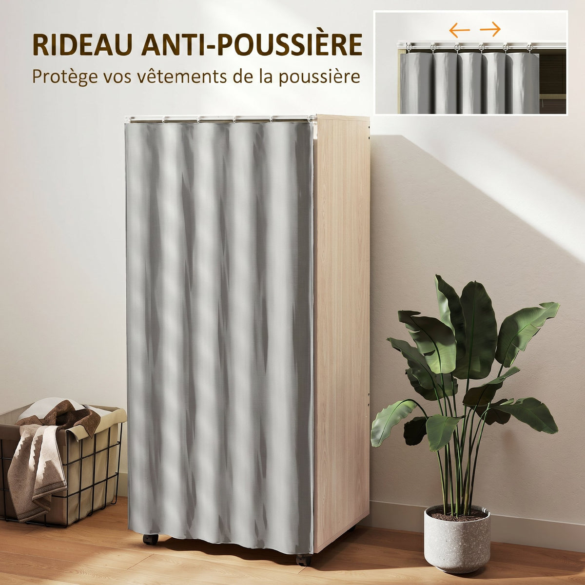 Armoire penderie armoire de rangement mobile avec rideau, tringle de suspension, 60 x 40 x 128 cm, effet bois naturel-4