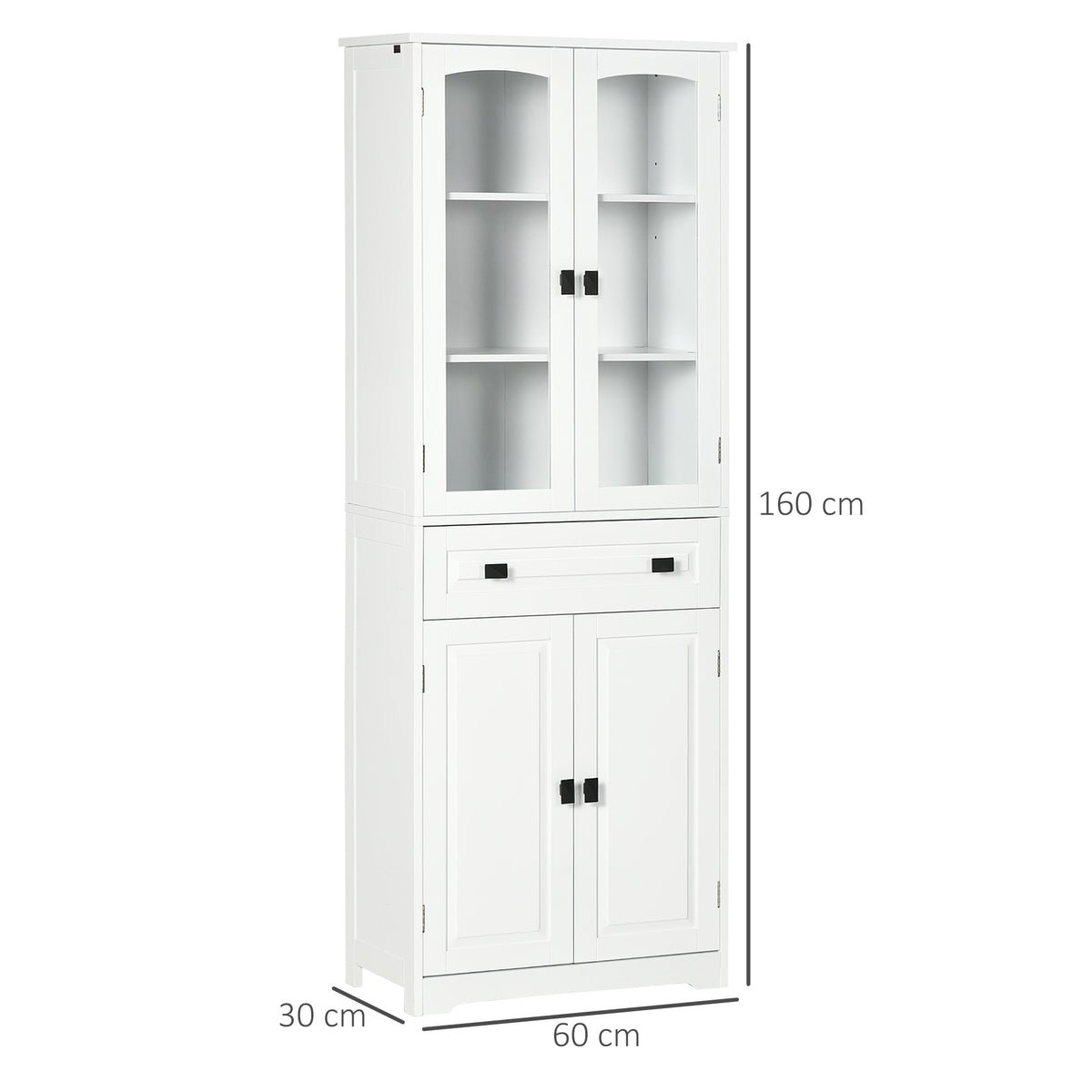 Buffet haut armoire de cuisine 4 portes dont 2 portes vitrées et 1 tiroir hauteur 160 cm avec étagères en bois blanc-2